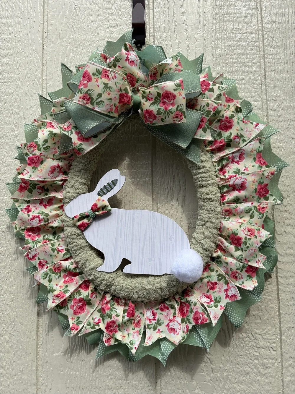 Floral Bunny Easter Wreath - Green and Pink Holiday Door Decor